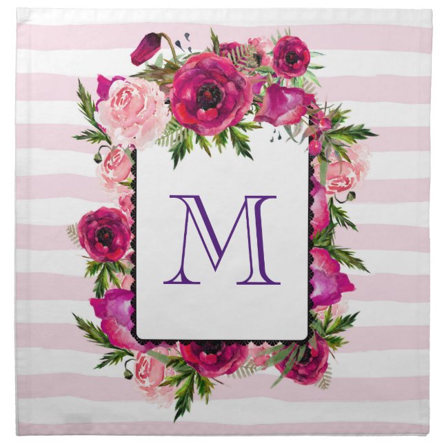 Pink Rose & Poppy Floral Bouquet on Pink Stripes Cloth Napkin (Front)