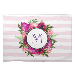 Pink Rose & Poppy Floral Bouquet on Pink Stripes Cloth Placemat