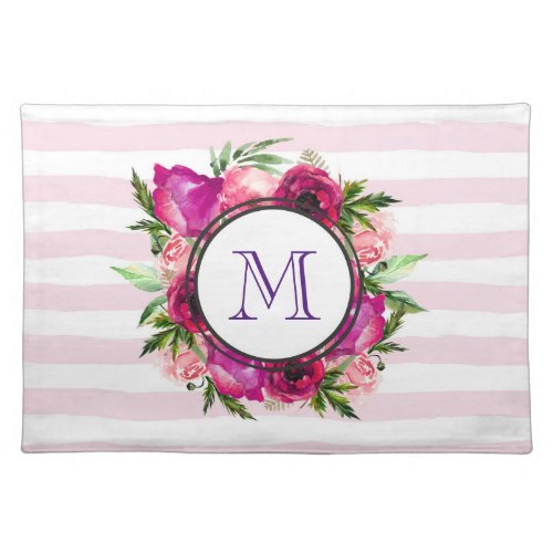 Pink Rose  Poppy Floral Bouquet on Pink Stripes Cloth Placemat