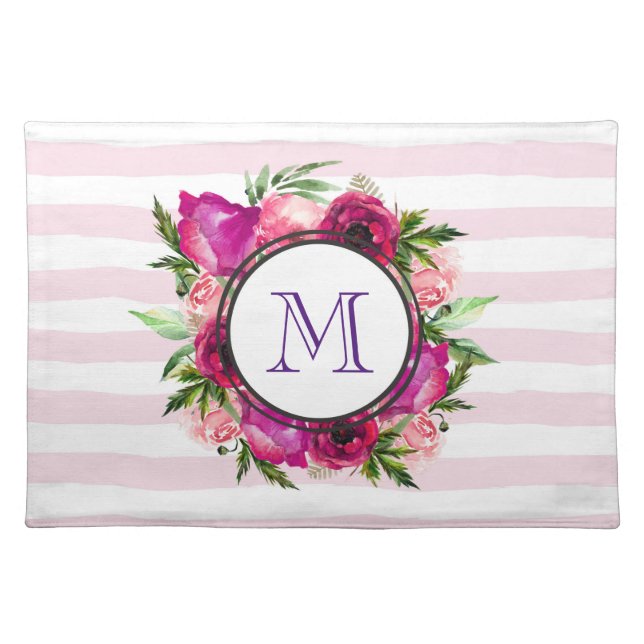 Pink Rose & Poppy Floral Bouquet on Pink Stripes Cloth Placemat (Front)