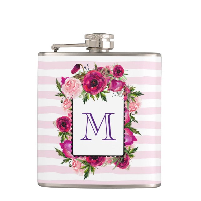 Pink Rose & Poppy Floral Bouquet on Pink Stripes Flask (Front)