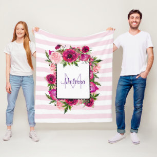 Pink Rose & Poppy Floral Bouquet on Pink Stripes Fleece Blanket