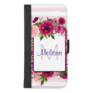 Pink Rose & Poppy Floral Bouquet on Pink Stripes iPhone 8/7 Plus Wallet Case