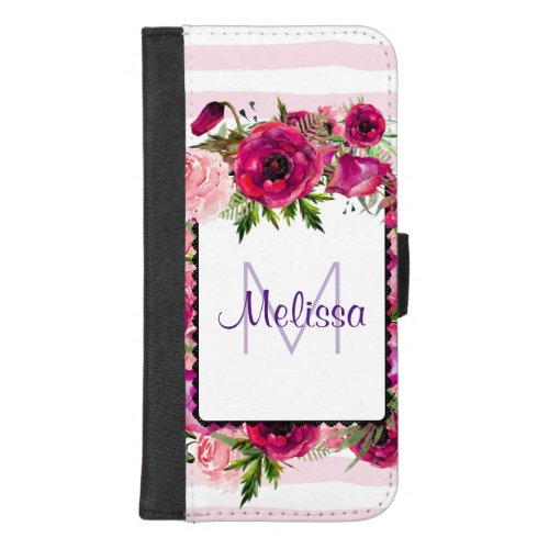 Pink Rose  Poppy Floral Bouquet on Pink Stripes iPhone 87 Plus Wallet Case