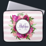 Pink Rose & Poppy Floral Bouquet on Pink Stripes Laptop Sleeve<br><div class="desc">Personalized laptop sleeve with a name and monogram initial. Designed with a floral bouquet composed of light pink roses and dark pink poppies with lots of lush green leaves. A frame layered over top to put your personalized text inside. The background is a soft pastel pink striped pattern.</div>