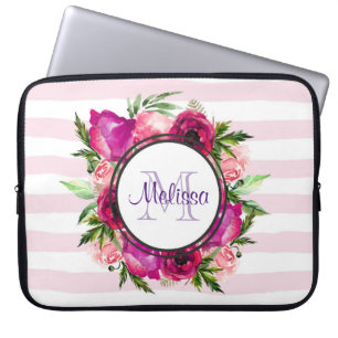 Pink Rose & Poppy Floral Bouquet on Pink Stripes Laptop Sleeve