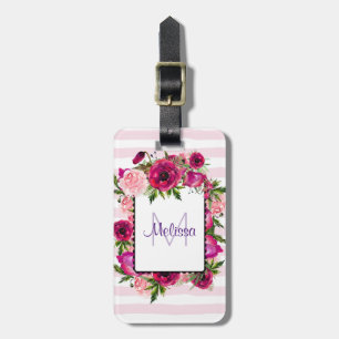 Pink Rose & Poppy Floral Bouquet on Pink Stripes Luggage Tag