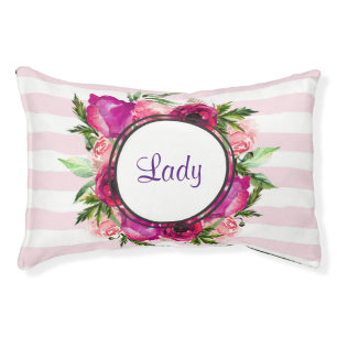 Pink Rose & Poppy Floral Bouquet on Pink Stripes Pet Bed