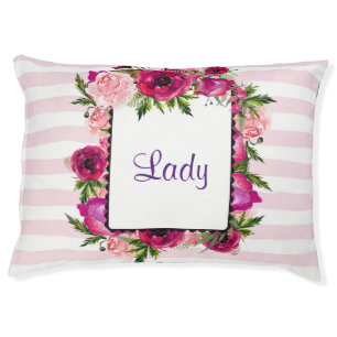 Pink Rose & Poppy Floral Bouquet on Pink Stripes Pet Bed