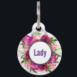 Pink Rose & Poppy Floral Bouquet on Pink Stripes Pet ID Tag<br><div class="desc">Personalized pet tag with a floral bouquet composed of light pink roses and dark pink poppies with lots of lush green leaves. A frame layered over top to put your personalized text (name on the front, phone number on the back) inside. The background is a soft pastel pink striped pattern....</div>