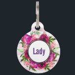 Pink Rose & Poppy Floral Bouquet on Pink Stripes Pet ID Tag<br><div class="desc">Personalized pet tag with a floral bouquet composed of light pink roses and dark pink poppies with lots of lush green leaves. A frame layered over top to put your personalized text (name on the front, phone number on the back) inside. The background is a soft pastel pink striped pattern....</div>