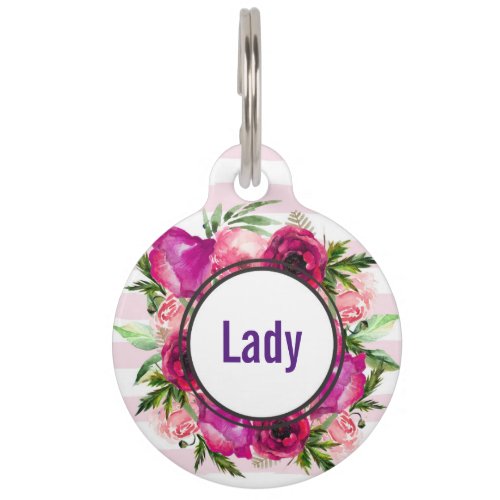 Pink Rose  Poppy Floral Bouquet on Pink Stripes Pet ID Tag