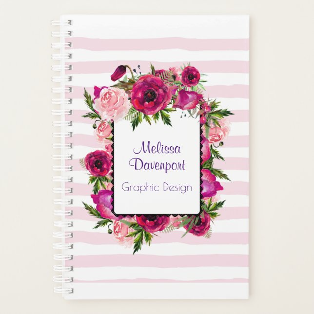Pink Rose & Poppy Floral Bouquet on Pink Stripes Planner (Front)