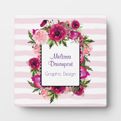 Pink Rose  Poppy Floral Bouquet on Pink Stripes Plaque