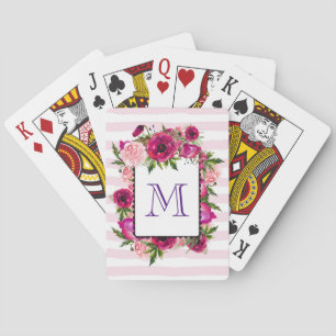 Pink Rose & Poppy Floral Bouquet on Pink Stripes Poker Cards