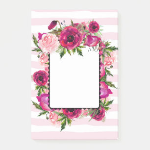 Pink Rose & Poppy Floral Bouquet on Pink Stripes Post-it Notes