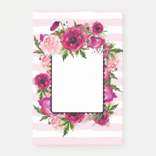 Pink Rose  Poppy Floral Bouquet on Pink Stripes Post_it Notes