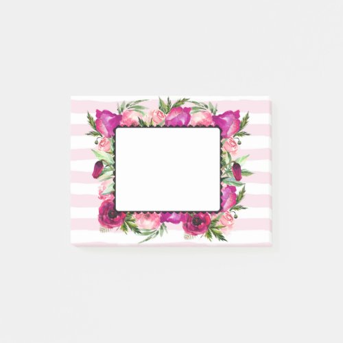 Pink Rose  Poppy Floral Bouquet on Pink Stripes Post_it Notes