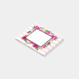 Pink Rose & Poppy Floral Bouquet on Pink Stripes Post-it Notes | Zazzle