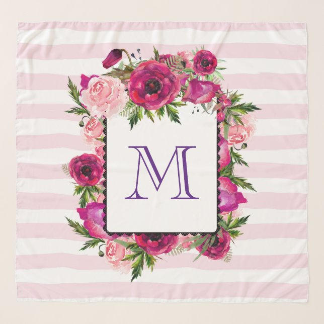 Pink Rose & Poppy Floral Bouquet on Pink Stripes Scarf (Front)