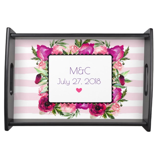 Pink Rose & Poppy Floral Bouquet on Pink Stripes Serving Tray (Front)