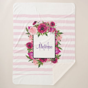 Pink Rose & Poppy Floral Bouquet on Pink Stripes Sherpa Blanket
