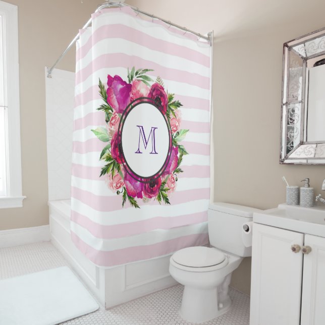 Pink Rose & Poppy Floral Bouquet on Pink Stripes Shower Curtain (In Situ)