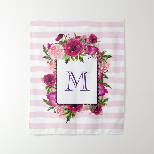 Pink Rose  Poppy Floral Bouquet on Pink Stripes Tapestry