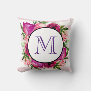 Pink Rose & Poppy Floral Bouquet on Pink Stripes Throw Pillow