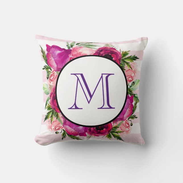 Pink Rose & Poppy Floral Bouquet on Pink Stripes Throw Pillow (Front)