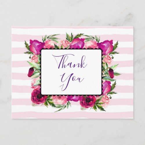 Pink Rose  Poppy Floral Bouquet Party Thanks Postcard