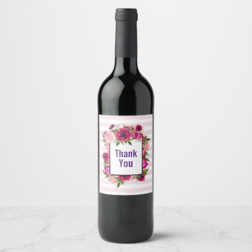 Pink Rose  Poppy Floral Bouquet  Thank You Wine Label