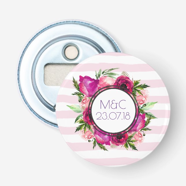 Pink Rose & Poppy Floral Bouquet Wedding Bottle Opener (Front)