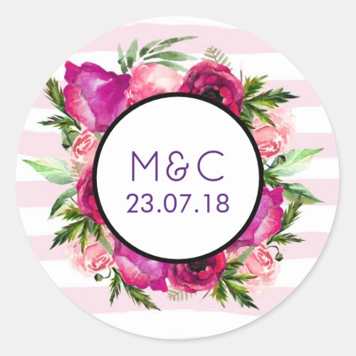 Pink Rose  Poppy Floral Bouquet Wedding Classic Round Sticker