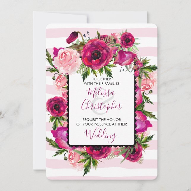 Pink Rose & Poppy Floral Bouquet Wedding Invitation (Front)