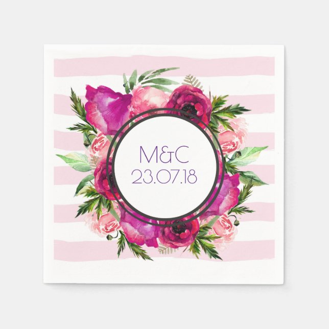 Pink Rose & Poppy Floral Bouquet Wedding Napkins (Front)