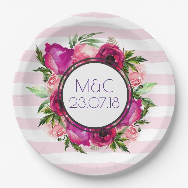 Pink Rose & Poppy Floral Bouquet Wedding Paper Plates (Front)