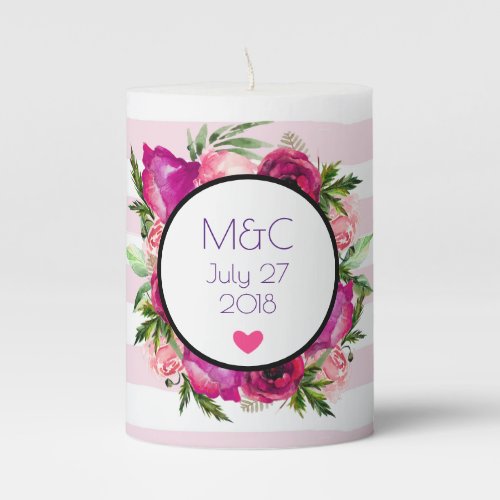 Pink Rose  Poppy Floral Bouquet Wedding Pillar Candle