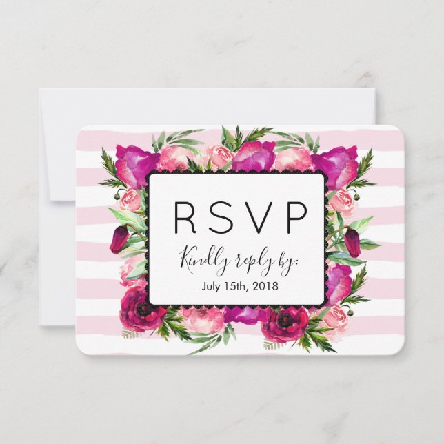 Pink Rose & Poppy Floral Bouquet Wedding RSVP (Front)