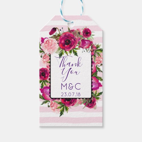 Pink Rose  Poppy Floral Bouquet Wedding Thanks Gift Tags