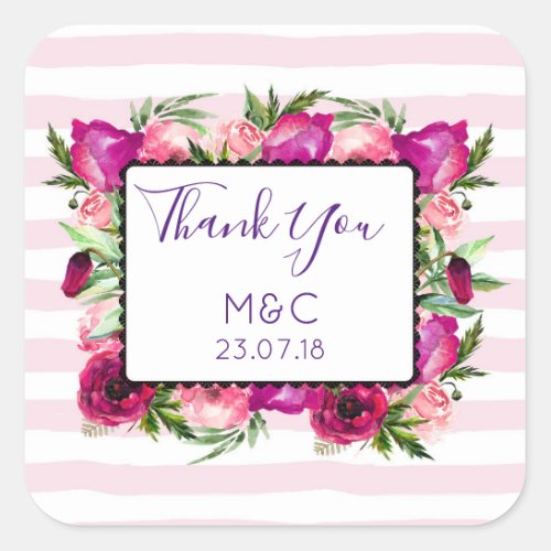 Pink Rose  Poppy Floral Bouquet Wedding Thanks Square Sticker