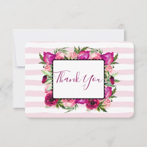 Pink Rose  Poppy Floral Bouquet Wedding Thanks Thank You Card