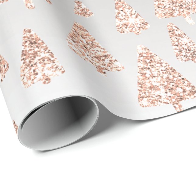 Pink Rose Powder Gold Glitter Christmas Tree Gray Wrapping Paper (Roll Corner)