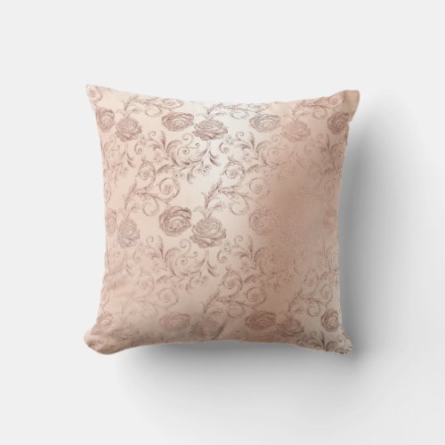 Pink Rose Powder Gold Glitter Metal Roses Flower Throw Pillow