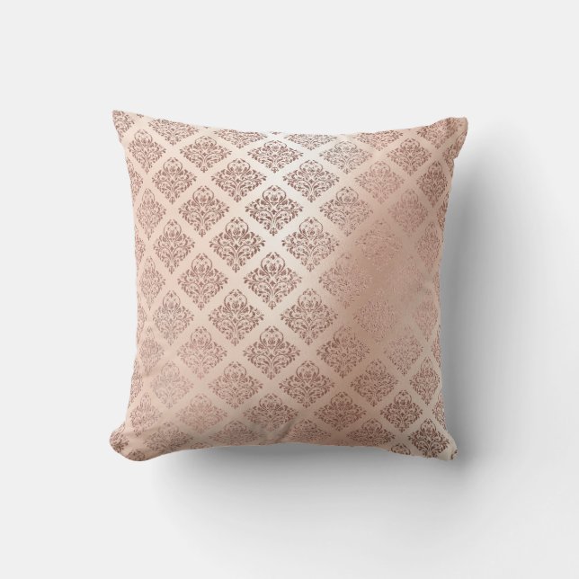 Pink Rose Powder Gold Metallic Damask Royal Decor Throw Pillow (Front)