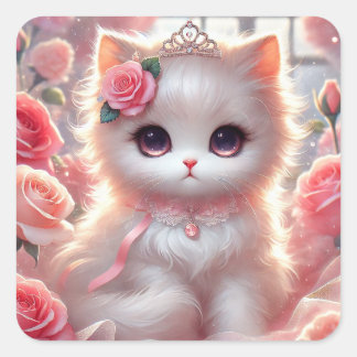 Pink Rose Princess Cat Square Sticker