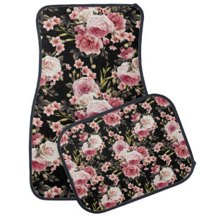 Pink Rose Profusion - Black Background Car Floor Mat