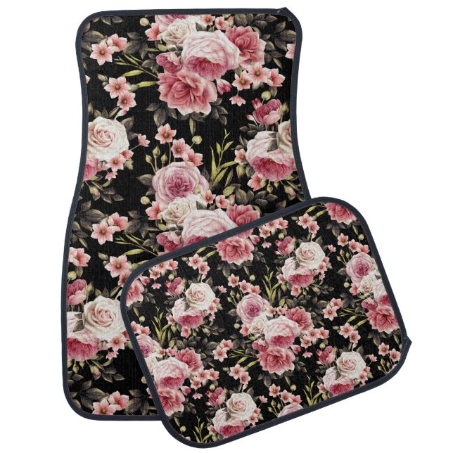 Pink Rose Profusion - Black Background Car Floor Mat (Set)