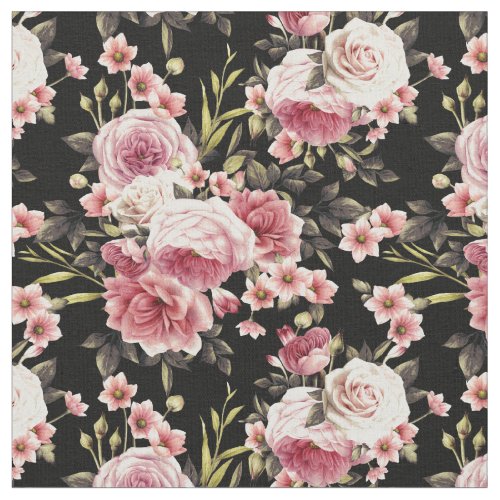 Pink Rose Profusion _ Black Background Fabric