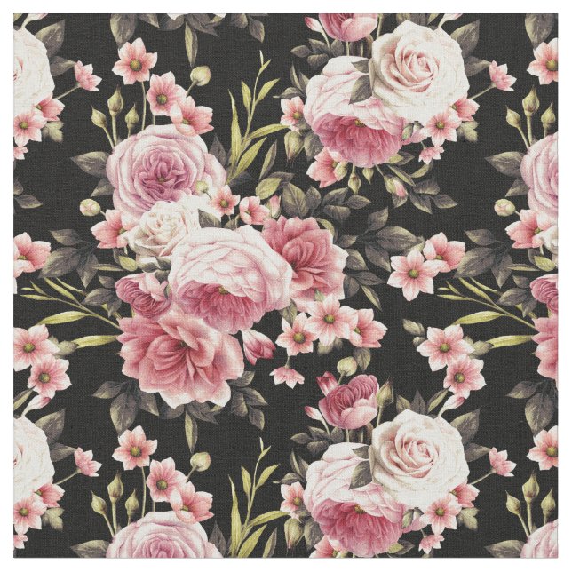 Pink Rose Profusion - Black Background Fabric (Close Up)